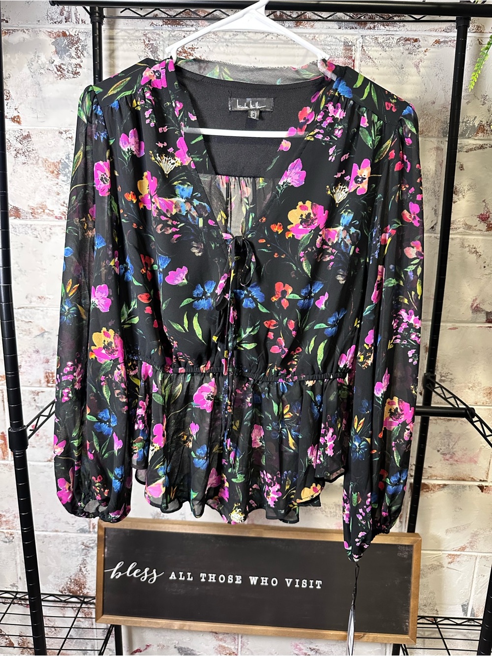 Nicole Miller Black Floral Tie-Front Peplum Blouse